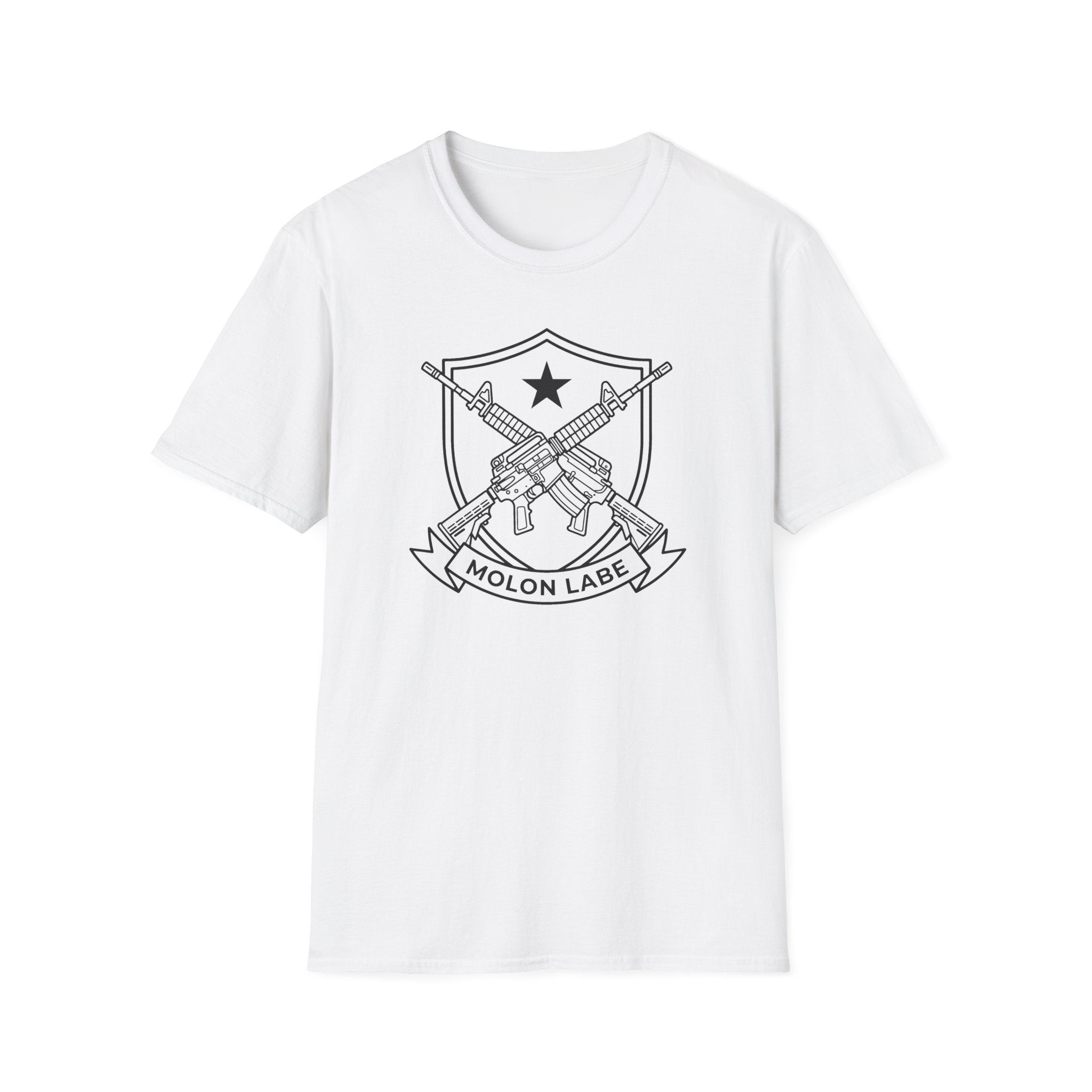 White T-shirt with front shield emblem featuring crossed rifles and “MOLON LABE”