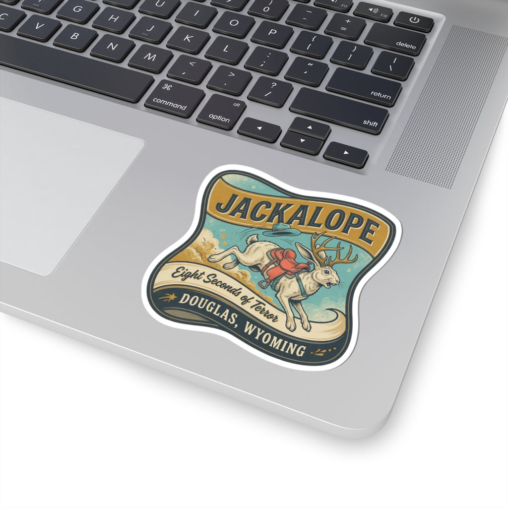 Jackalope sticker with “JACKALOPE” title and “DOUGLAS, WYOMING” in dark print border