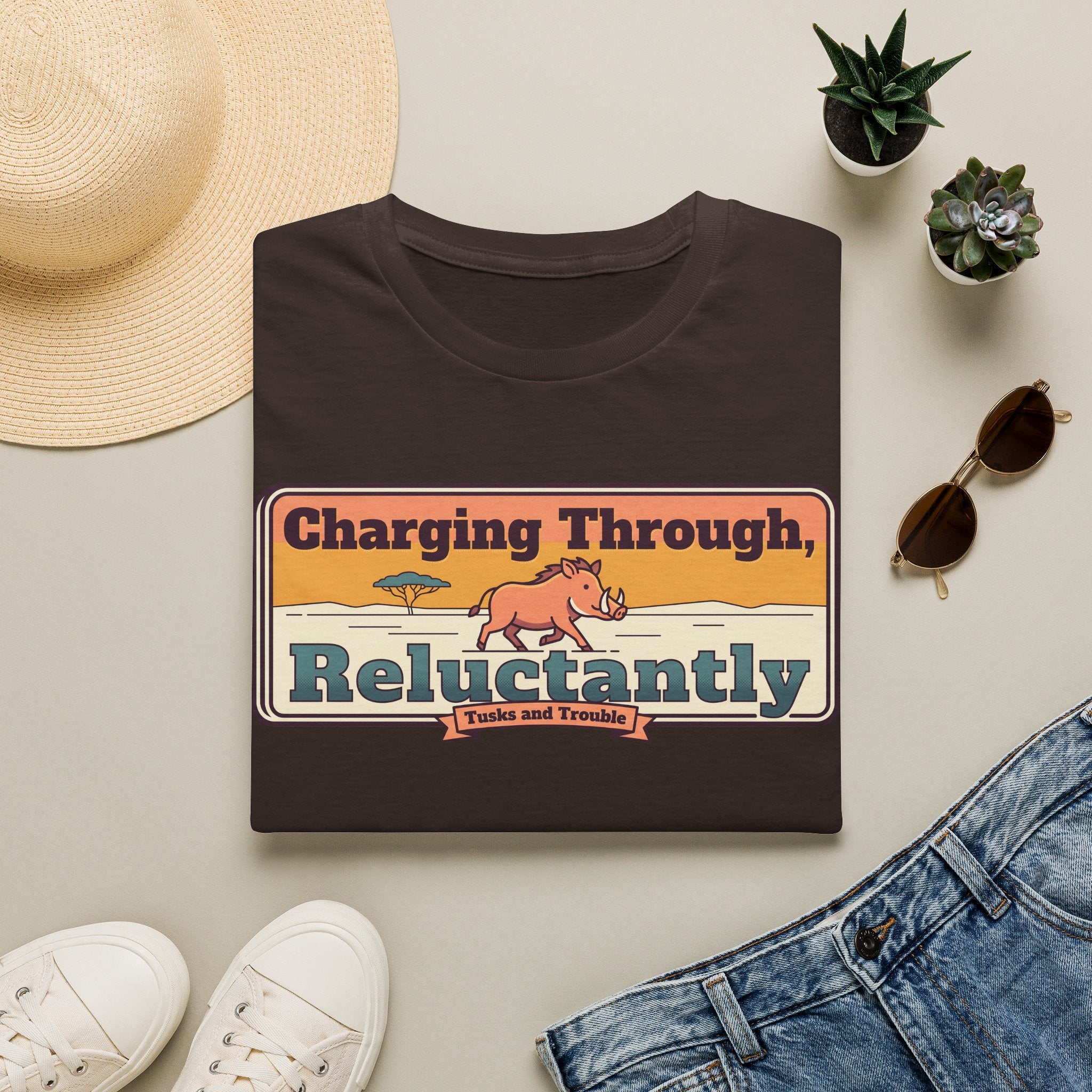 Dark brown short-sleeve T-shirt with “Charging Through… Reluctantly” pig graphic
