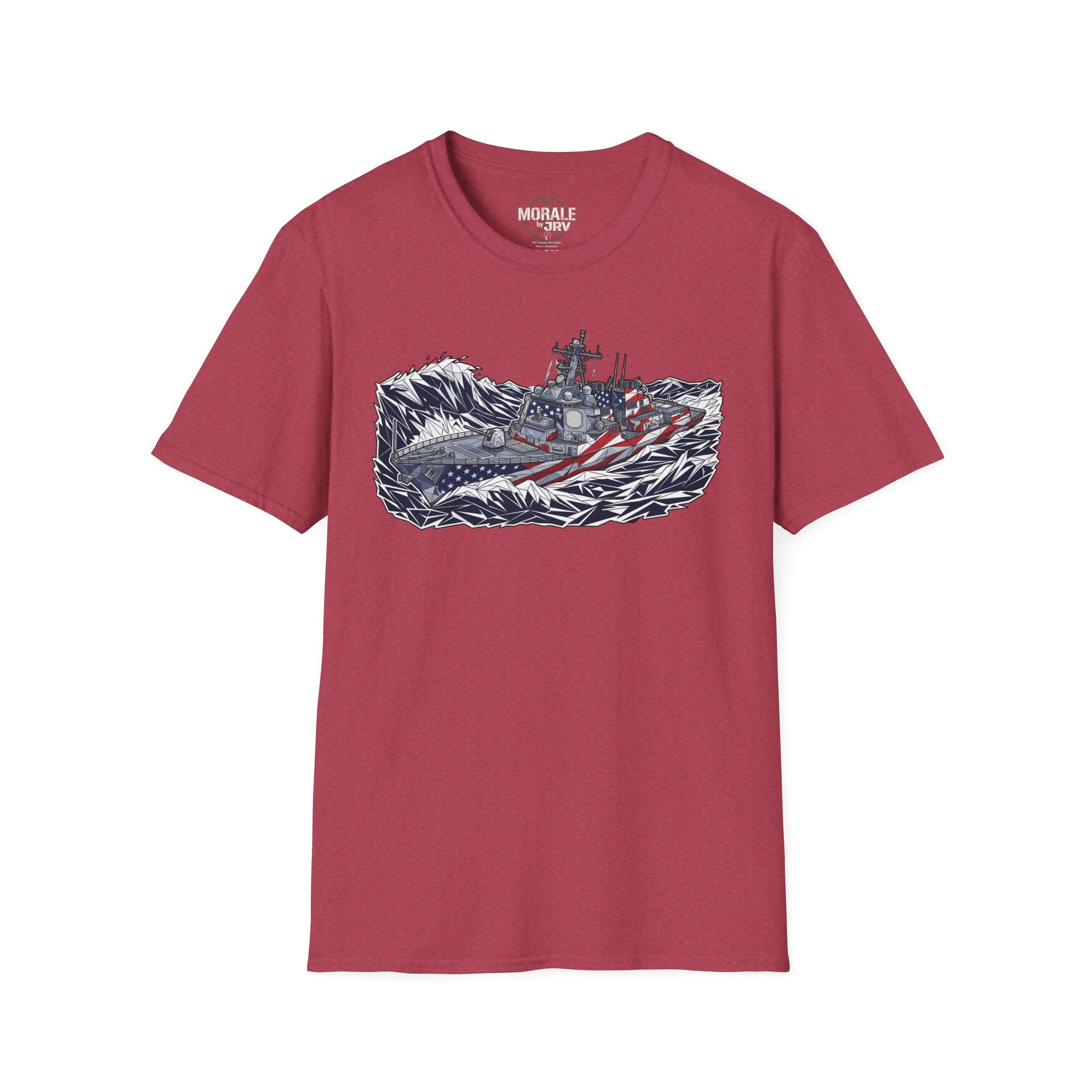American flag battleship graphic T-shirt, maroon shirt with warship and red-white-blue waves