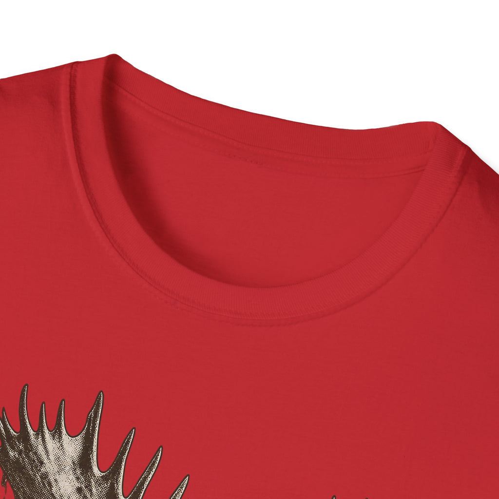 Red T-shirt neckline close-up with partial moose antler graphic at bottom-left.