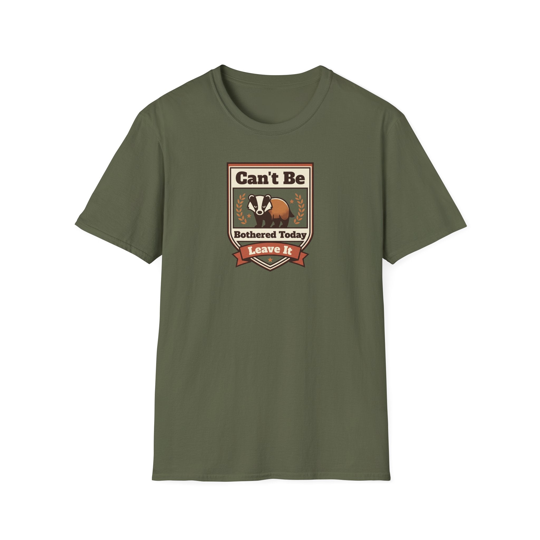 Men's military green graphic T-shirt with front logo text and dog illustration