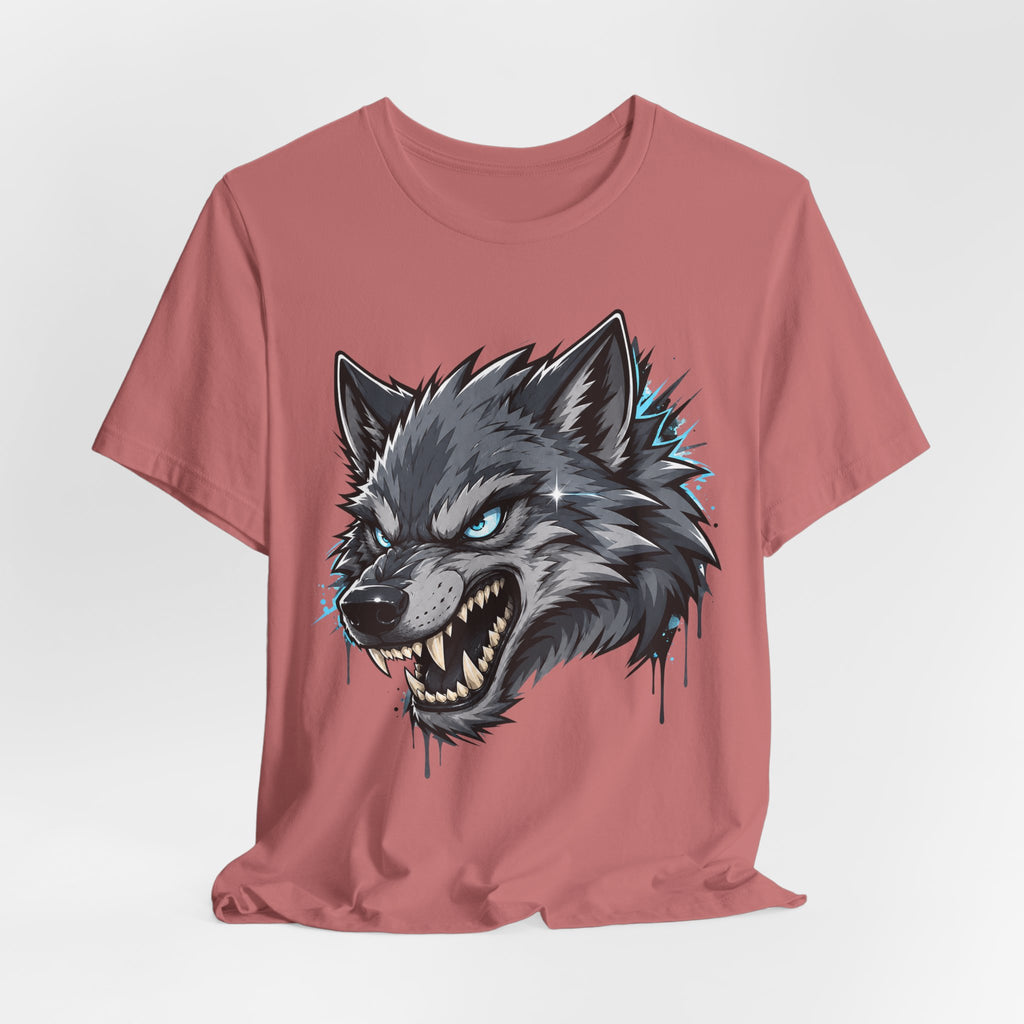 Dusty rose crewneck t-shirt with snarling wolf head graphic and teal accents