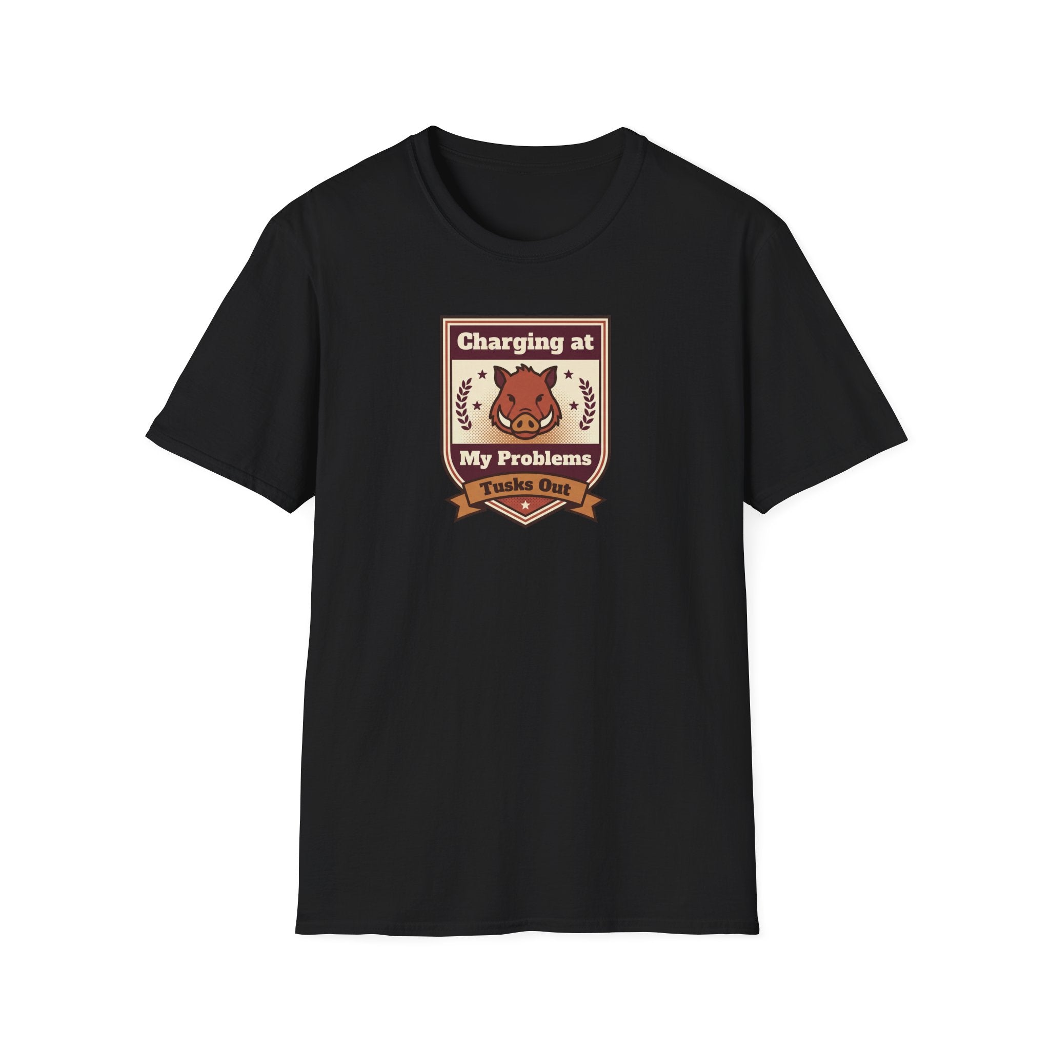 Black crewneck T-shirt with centered boar crest graphic on the chest