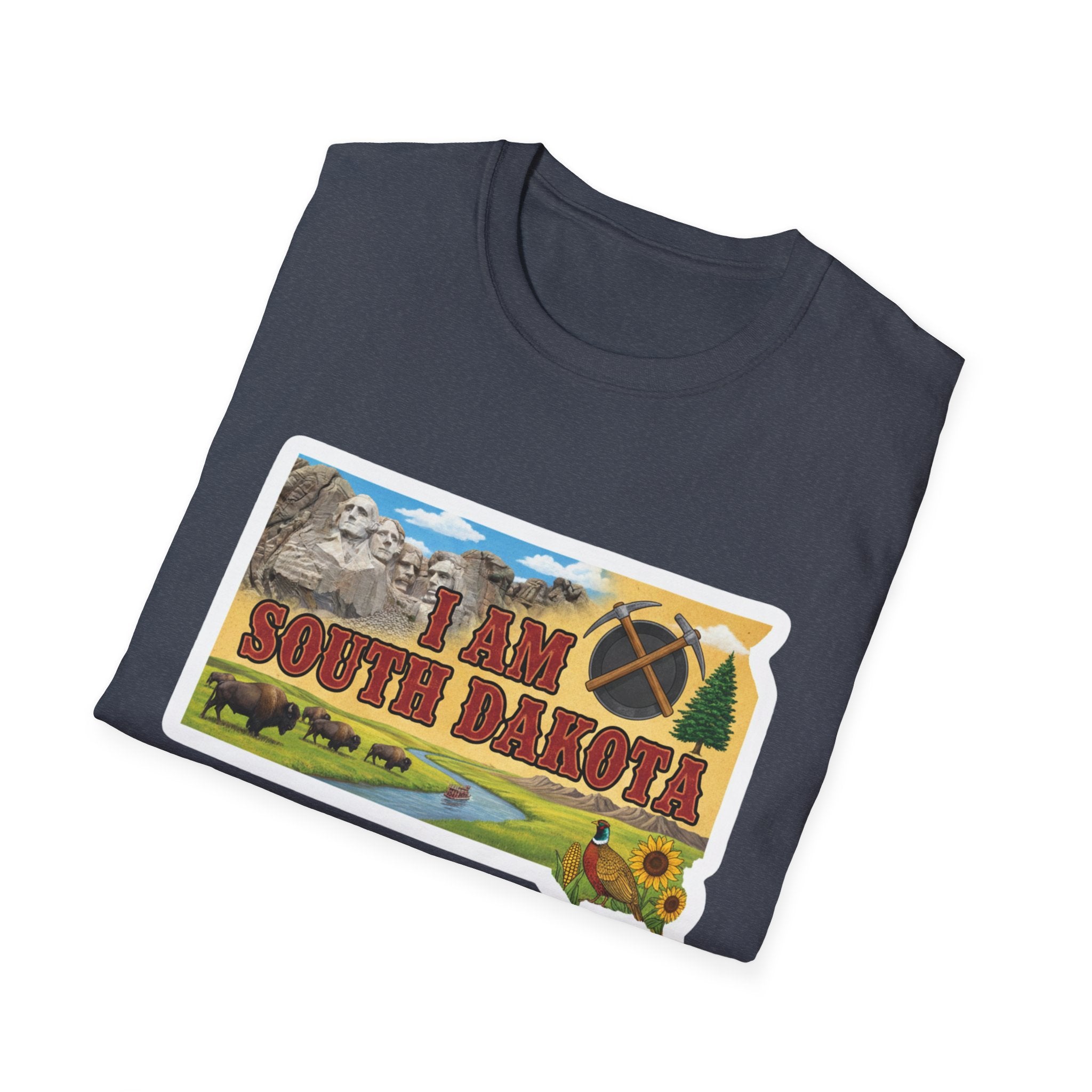 Heather indigo South Dakota T-shirt with “I AM SOUTH DAKOTA” state graphic