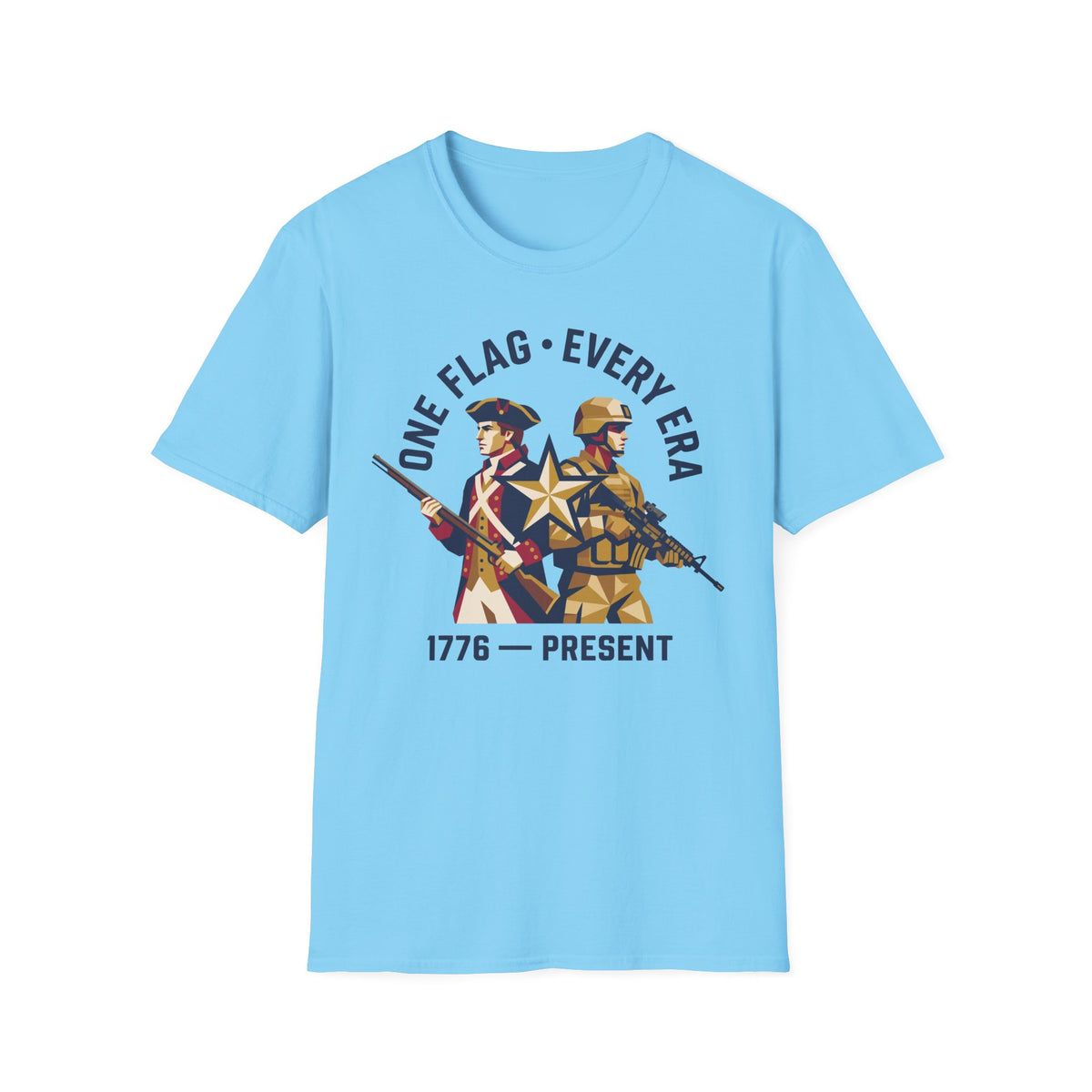 Light blue military graphic t-shirt with soldier and '1776–present' emblem