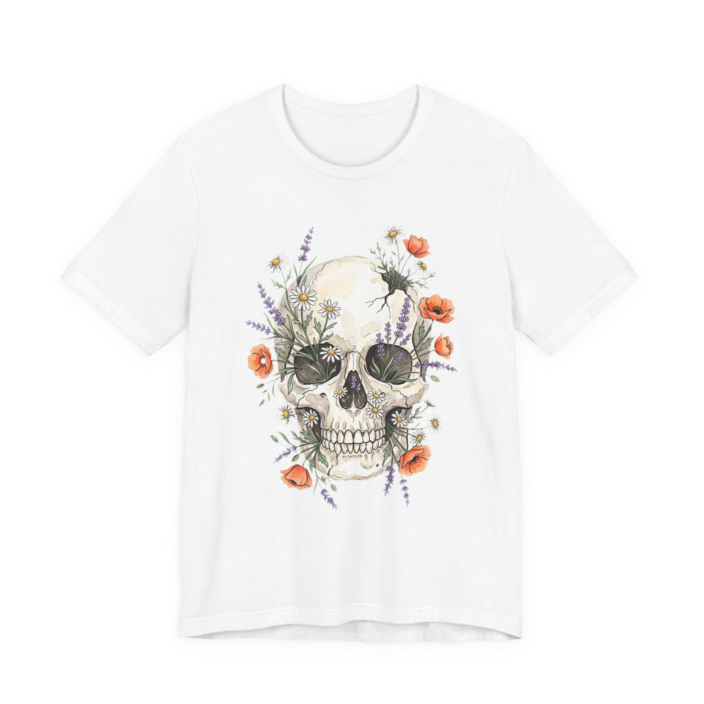 White floral skull T-shirt with poppies and wildflowers botanical graphic on front