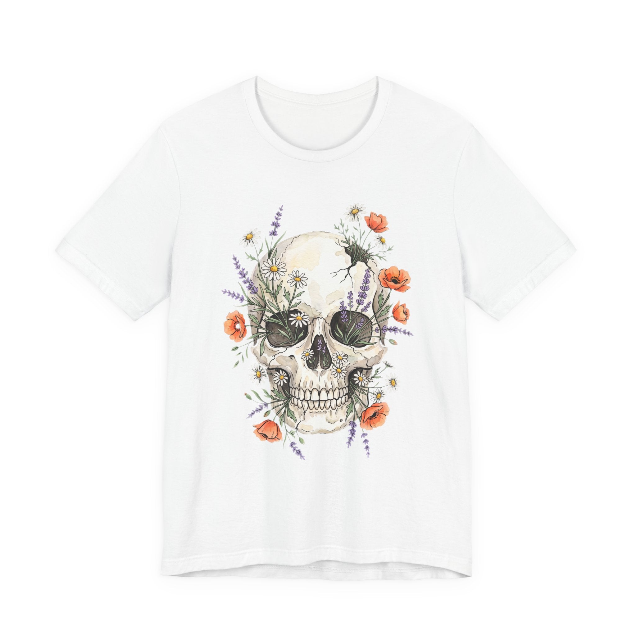 White floral skull T-shirt with poppies and wildflowers botanical graphic on front