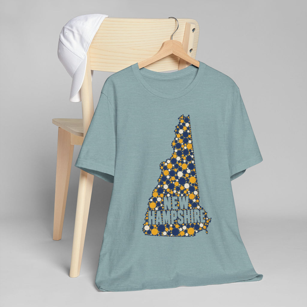 Light blue t-shirt with colorful floral New Hampshire outline and "NEW HAMPSHIRE" text