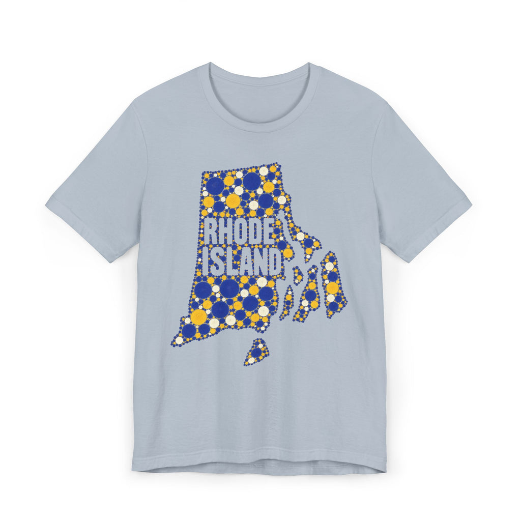 Light blue t-shirt with multicolor polka dot Rhode Island outline graphic on front