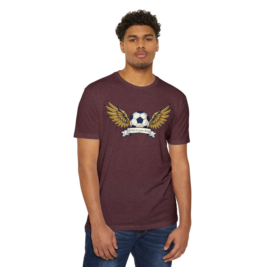 Unisex soccer T-shirt, maroon with winged soccer ball graphic on front