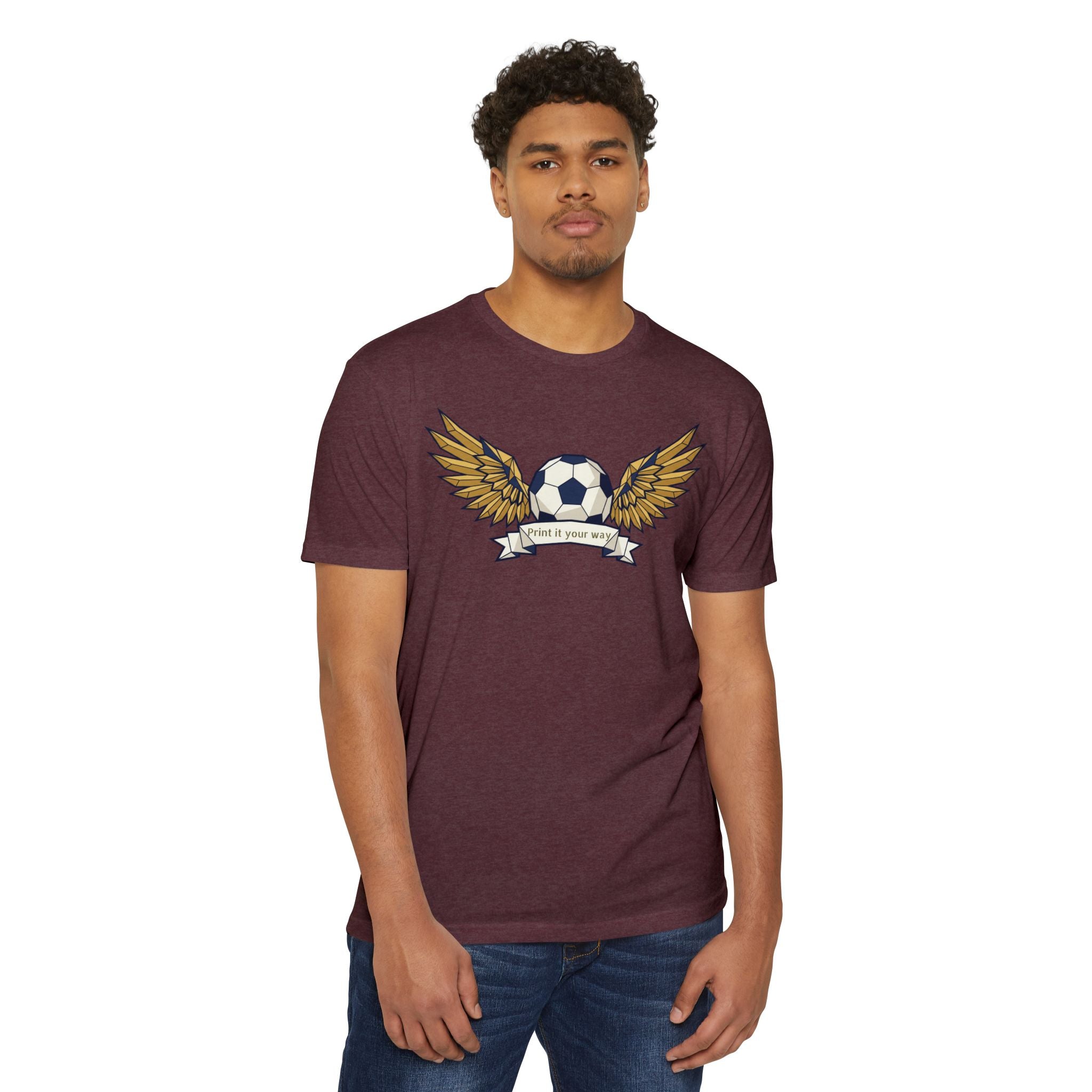 Unisex soccer T-shirt, maroon with winged soccer ball graphic on front