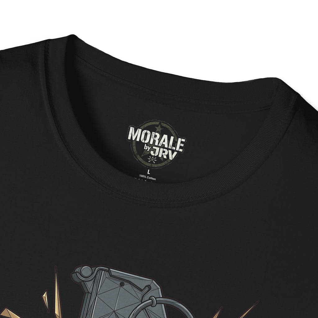 Black T-shirt neckline logo and grenade explosion graphic detail