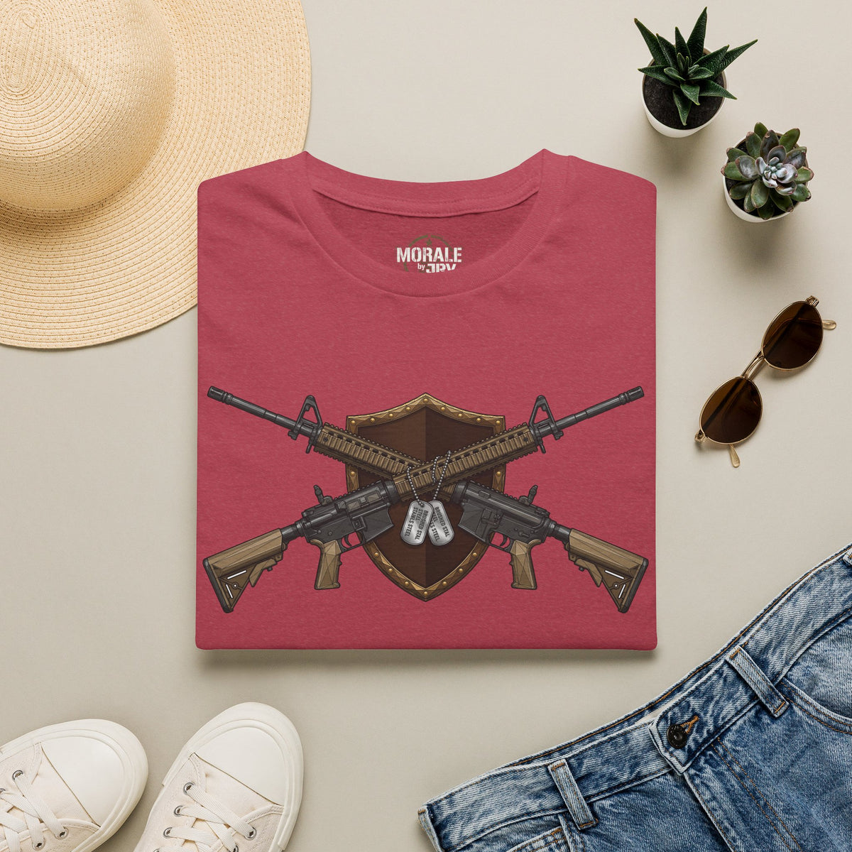 Maroon crewneck T-shirt with crossed rifles and shield hunting emblem graphic on front