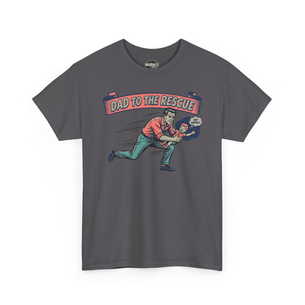 Charcoal T-shirt front with illustrated “Dad to the Rescue” rescue graphic