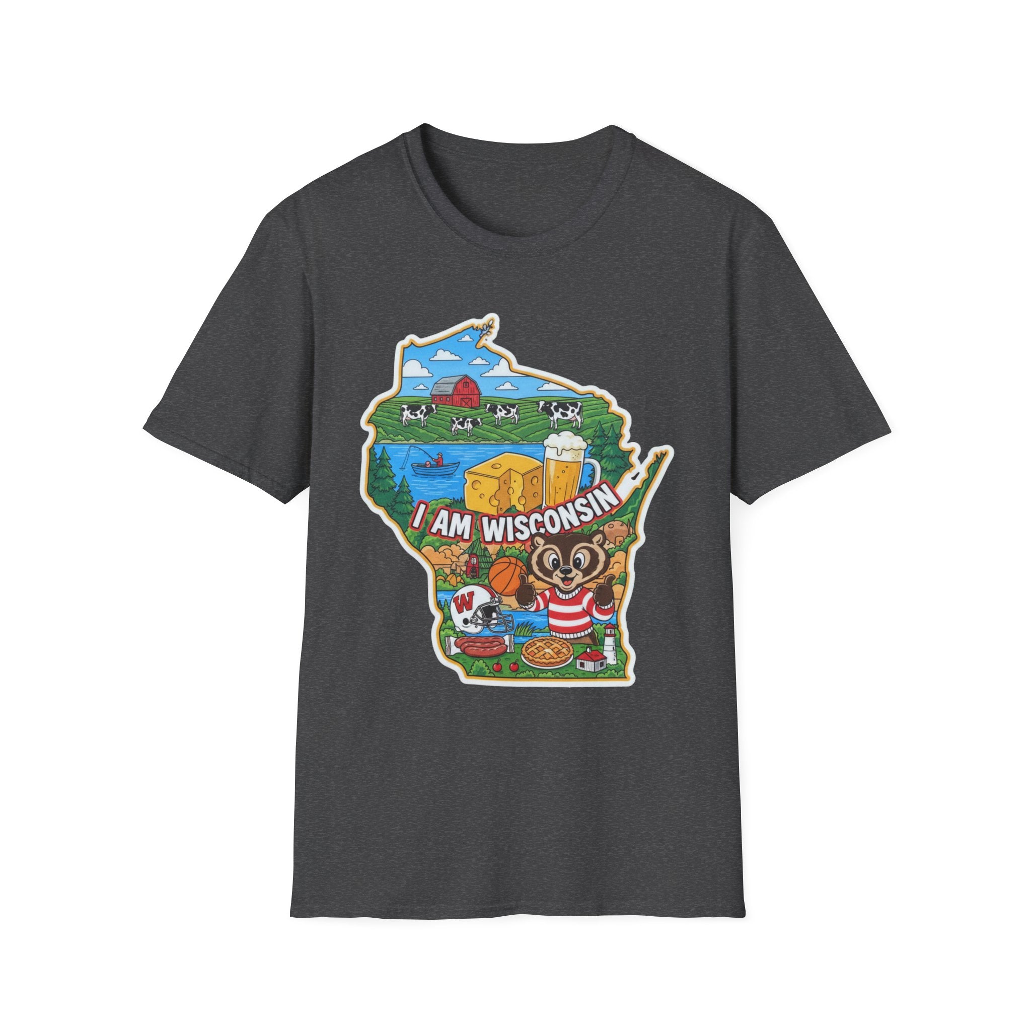 Dark charcoal T-shirt with Wisconsin map graphic and waving badger mascot