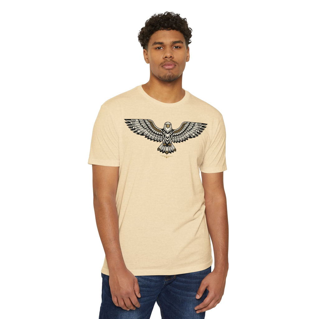 Cream unisex t-shirt with soaring owl wing graphic on the chest