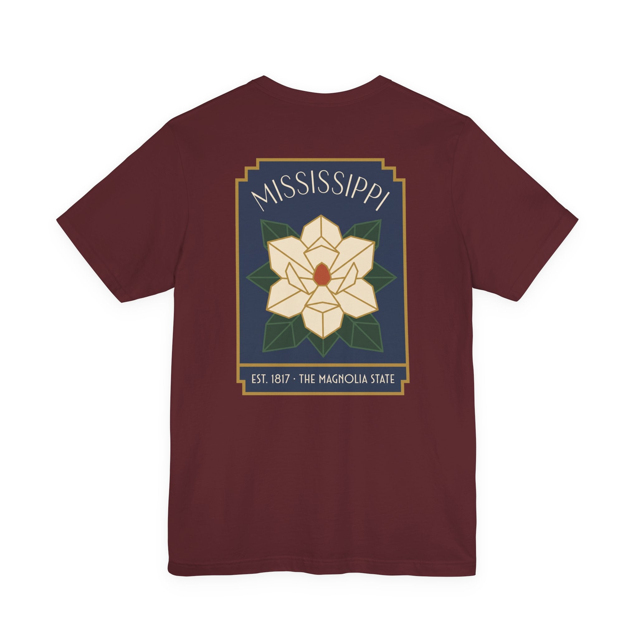 Maroon T-shirt with Magnolia square graphic and Mississippi text