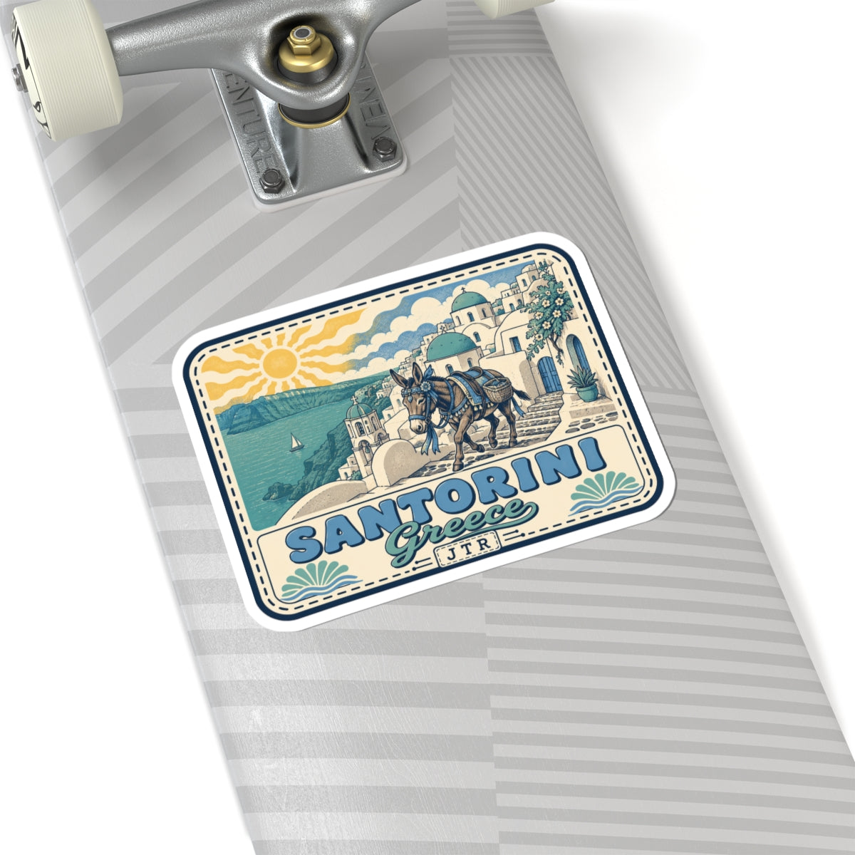 Santorini donkey travel sticker with gray stripes background and white rounded border