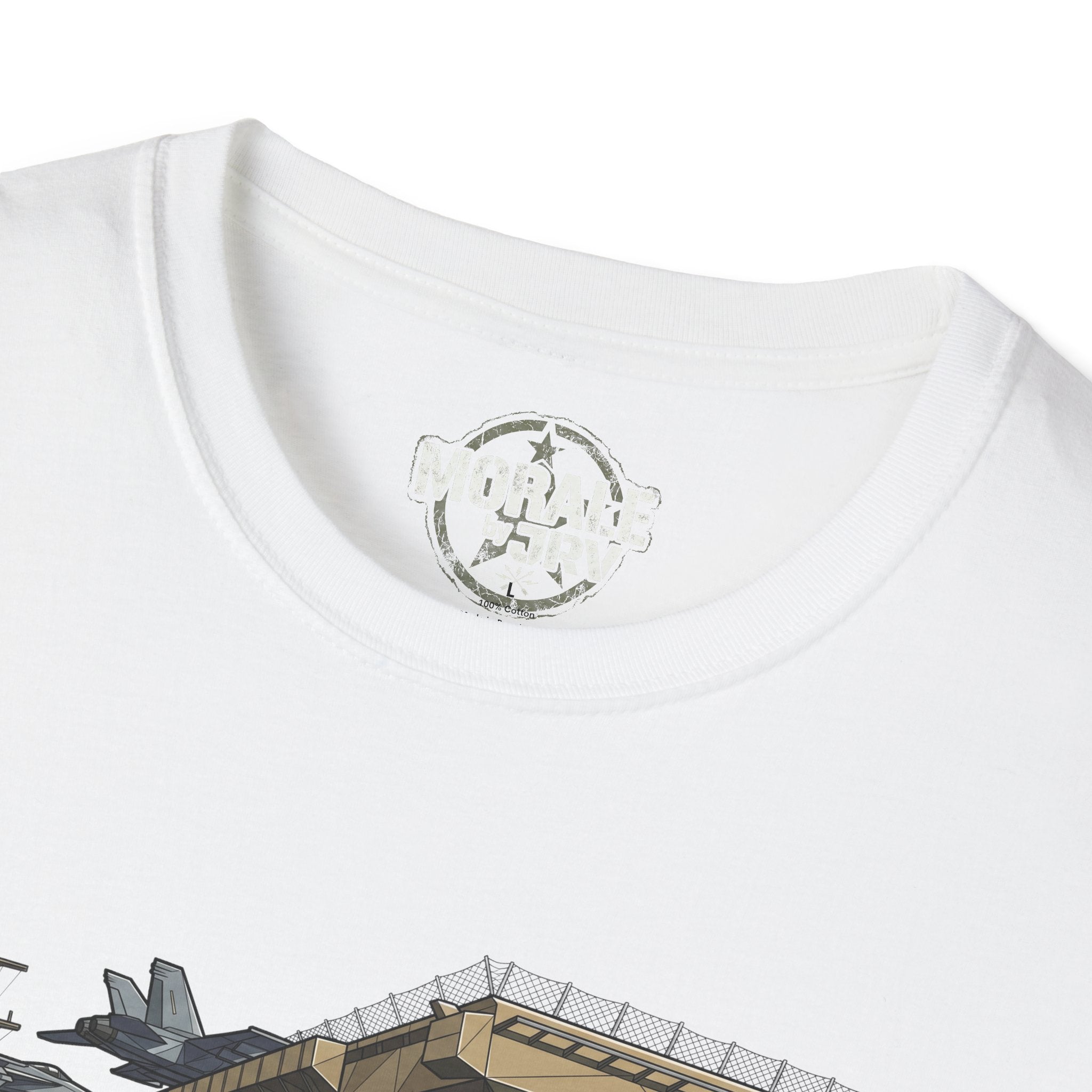 White T-shirt neckline close-up with circular emblem and partial tank graphic
