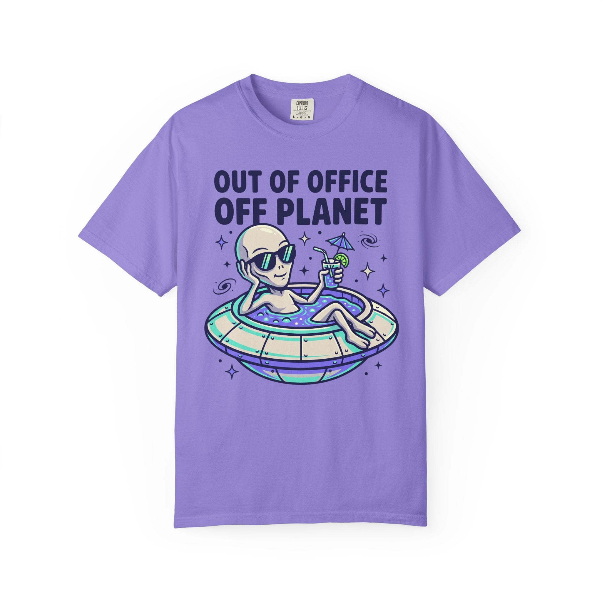 Purple alien graphic T-shirt with floatie and 'OUT OF OFFICE OFF PLANET' text