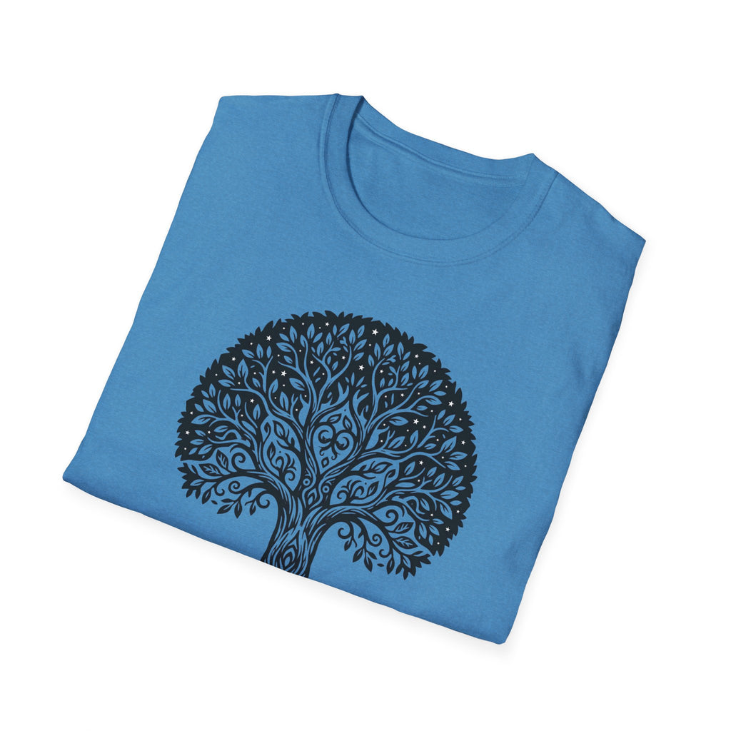 Heather Sapphire Tree of Life T-shirt, detailed round botanical tree illustration