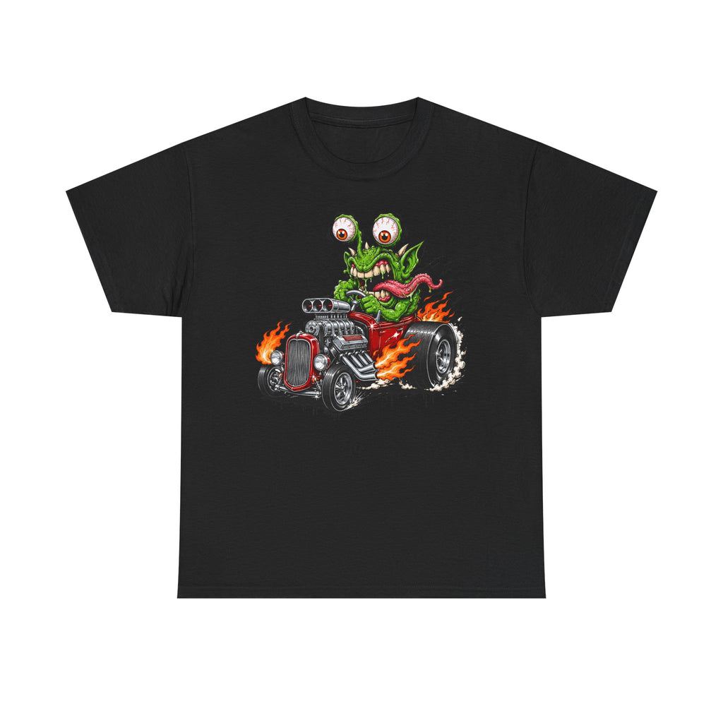 Monster hot rod graphic tee in black, front monster driving hot rod with flames