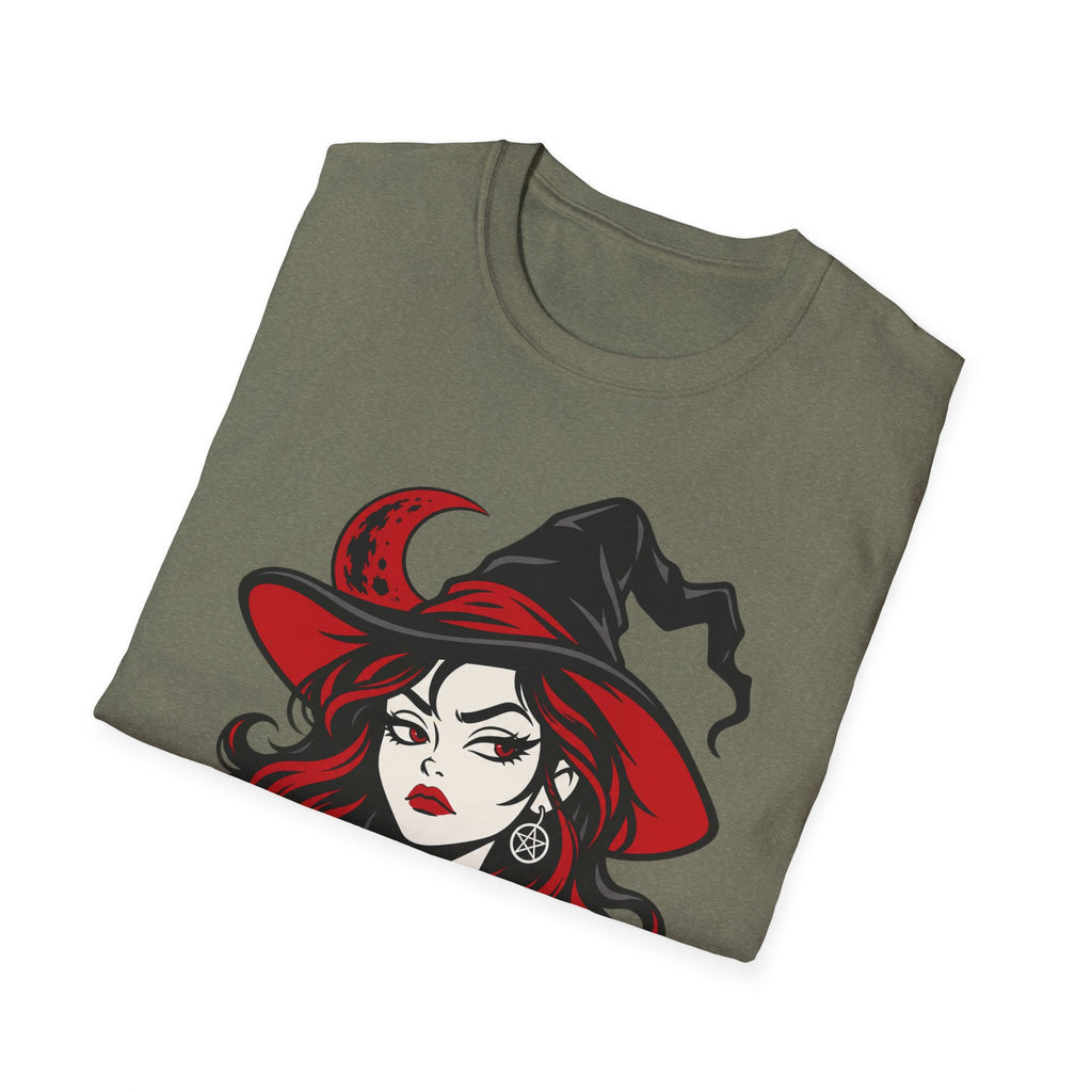 Military green t-shirt with red and black witch face graphic on the chest