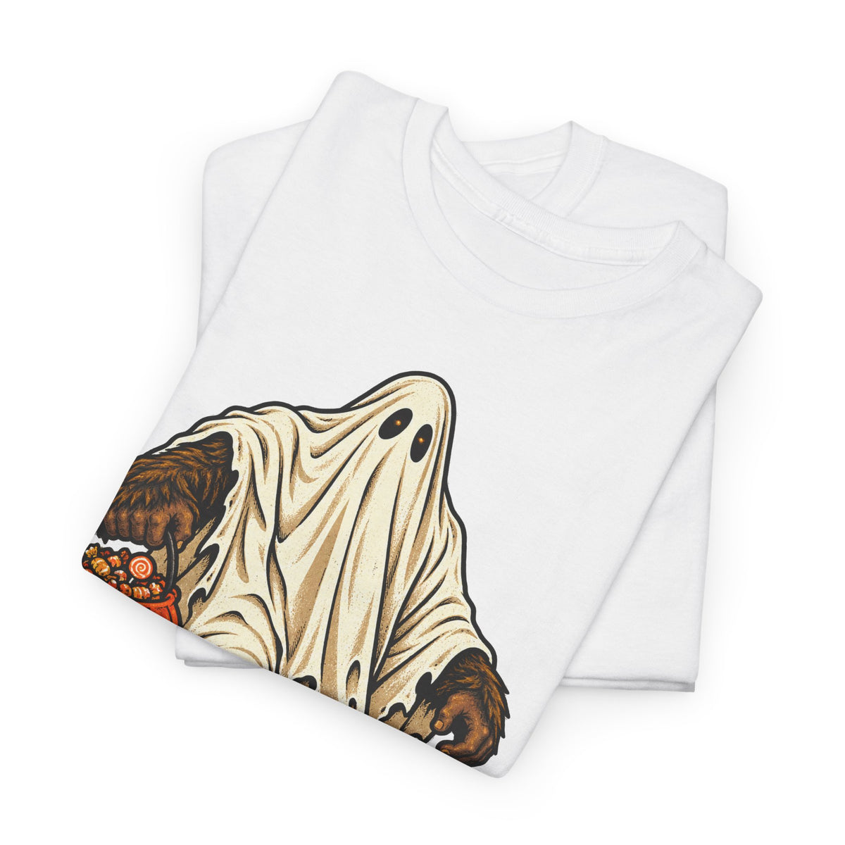 White Halloween T-shirt with bigfoot ghost pumpkin graphic on front