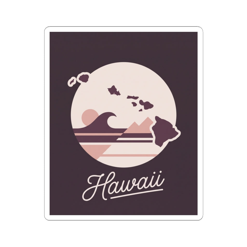 Mauve Hawaii silhouette vinyl decal sticker, square with white border and “Hawaii” script