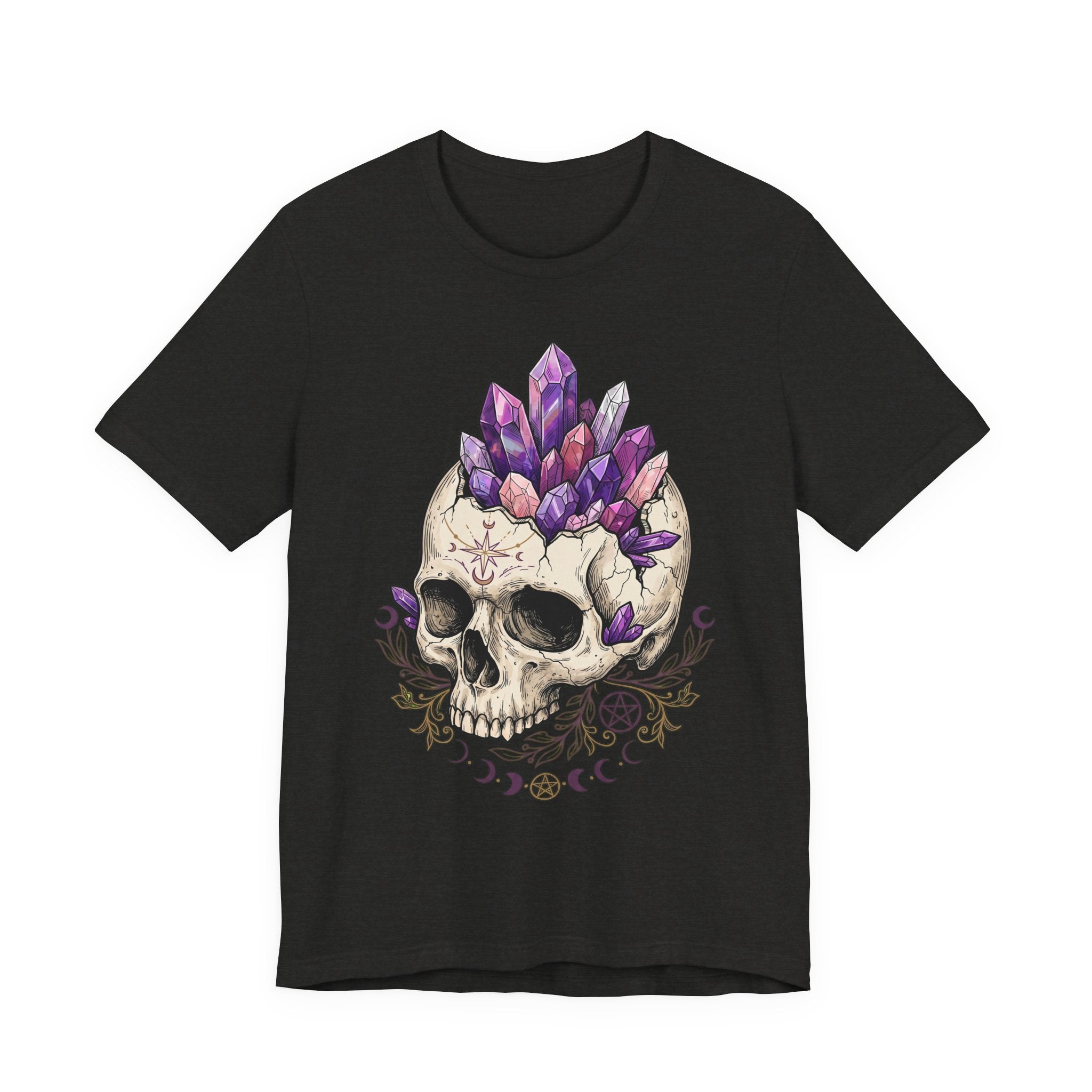 Black unisex T-shirt with amethyst crystal skull graphic in purple and white