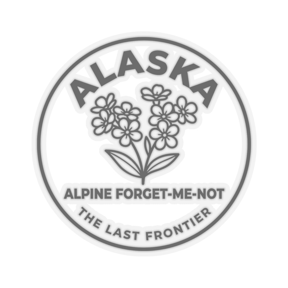 Alaska alpine forget-me-not vinyl sticker, round emblem with stemmed wildflower illustration