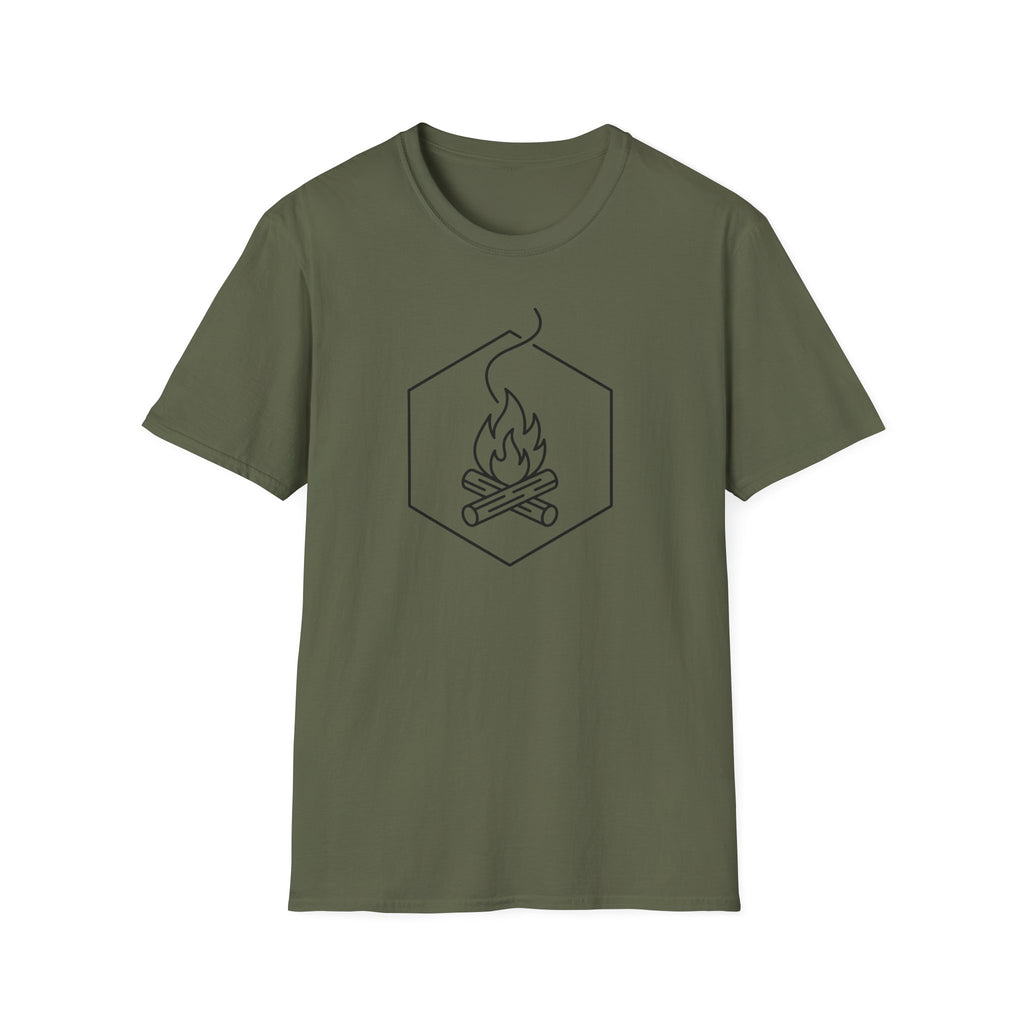 Olive green T-shirt with front hex campfire graphic