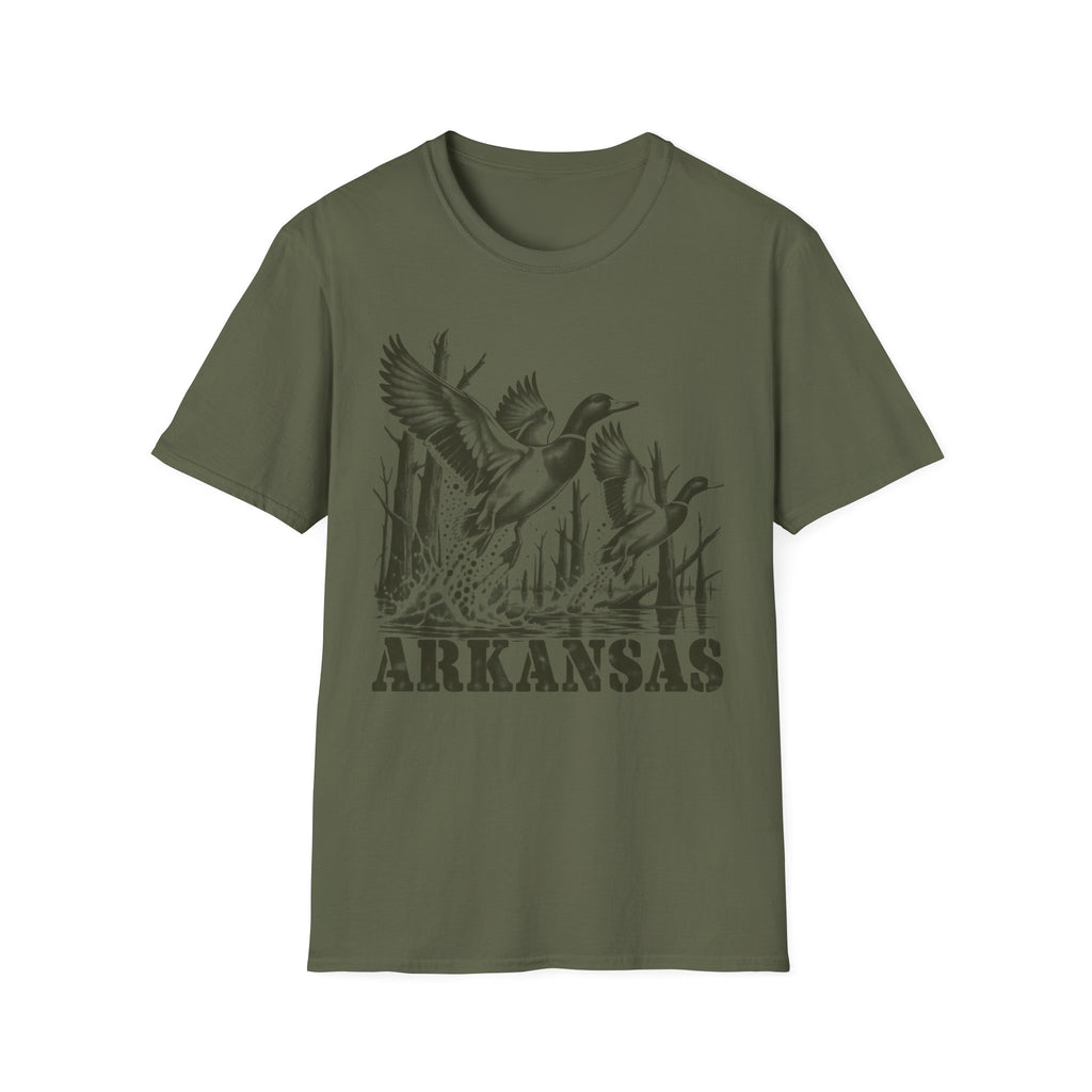 Dark olive crewneck T-shirt with Arkansas duck graphic print on front