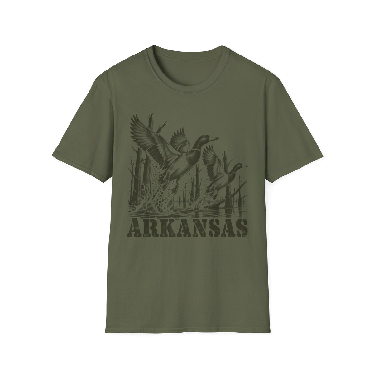 Dark olive crewneck T-shirt with Arkansas duck graphic print on front