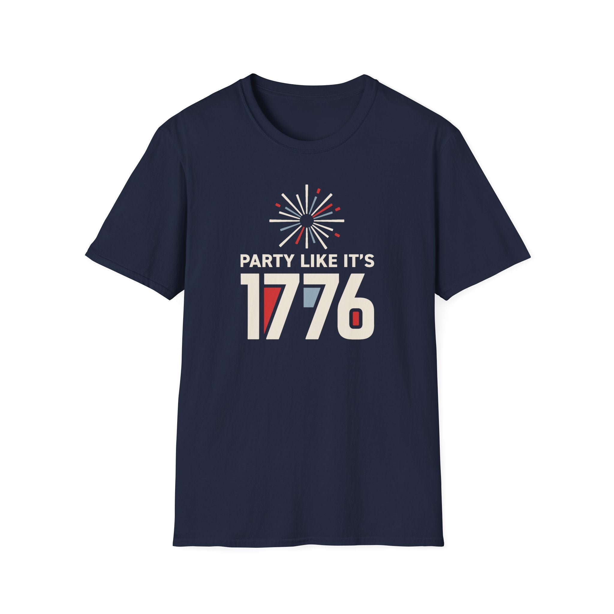 Navy crewneck T-shirt with firework burst and “PARTY LIKE IT’S 1776” graphic
