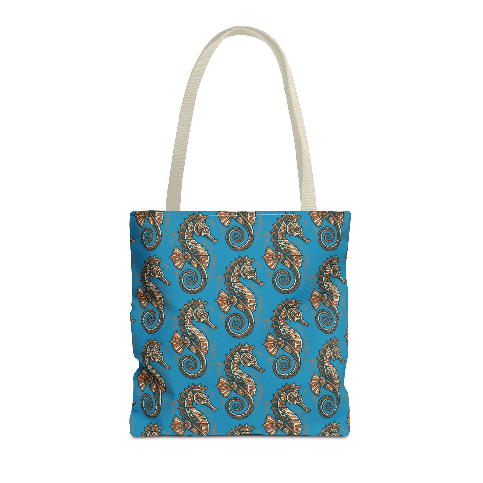 Ocean blue tote bag with steampunk seahorse all-over pattern and light beige handles