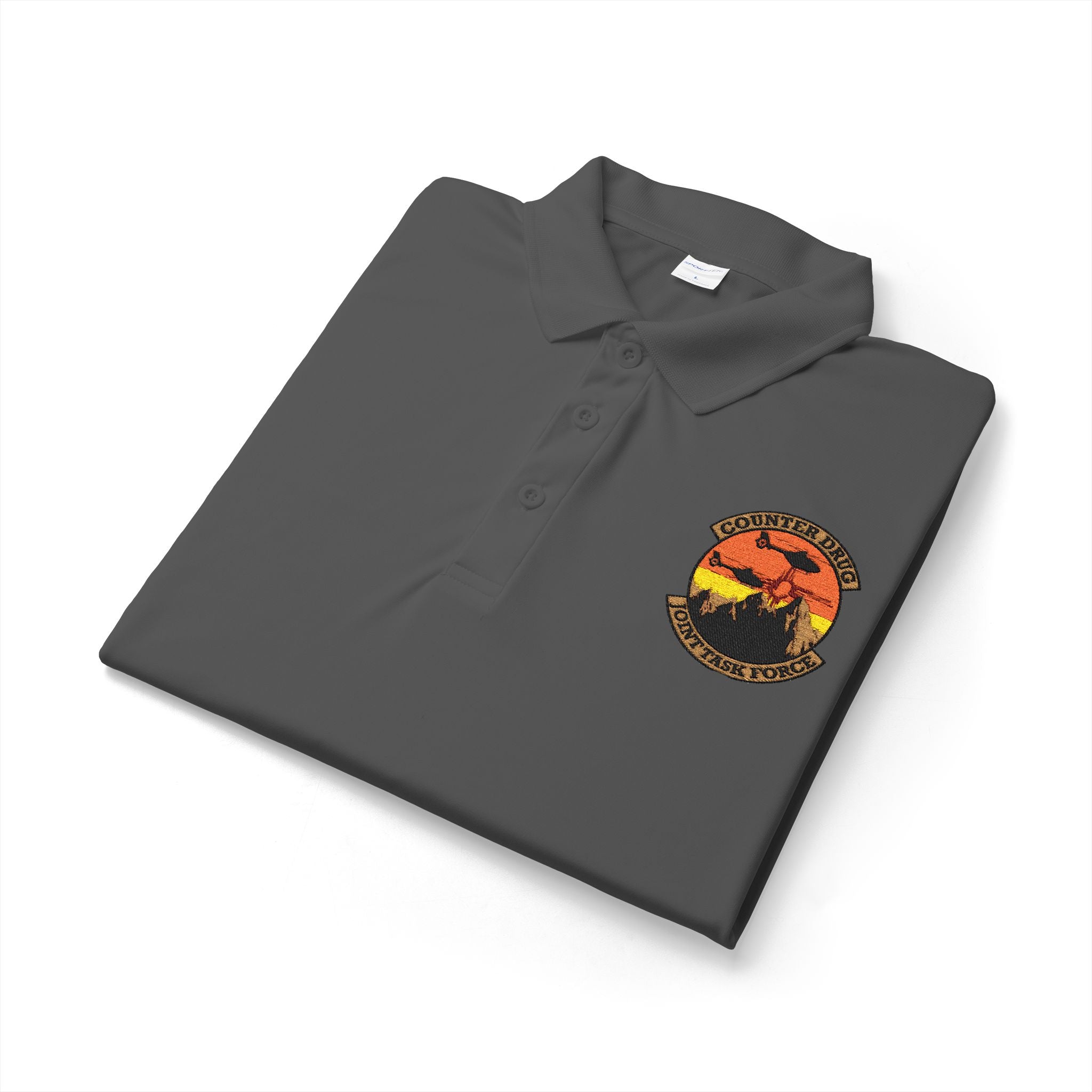 Polo shirt, gray, embroidered chest logo, button placket and short sleeves