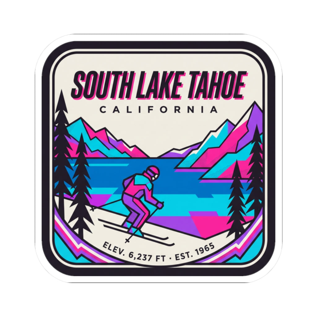 Kiss-cut sticker featuring EST. 1965 and mountain-lake illustration in bright colors