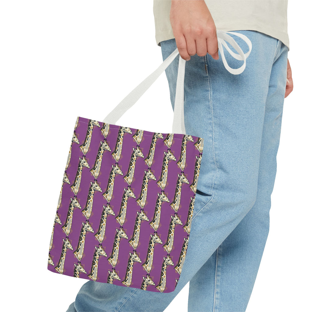 Purple saxophone patterned tote bag with white top handles held by hand