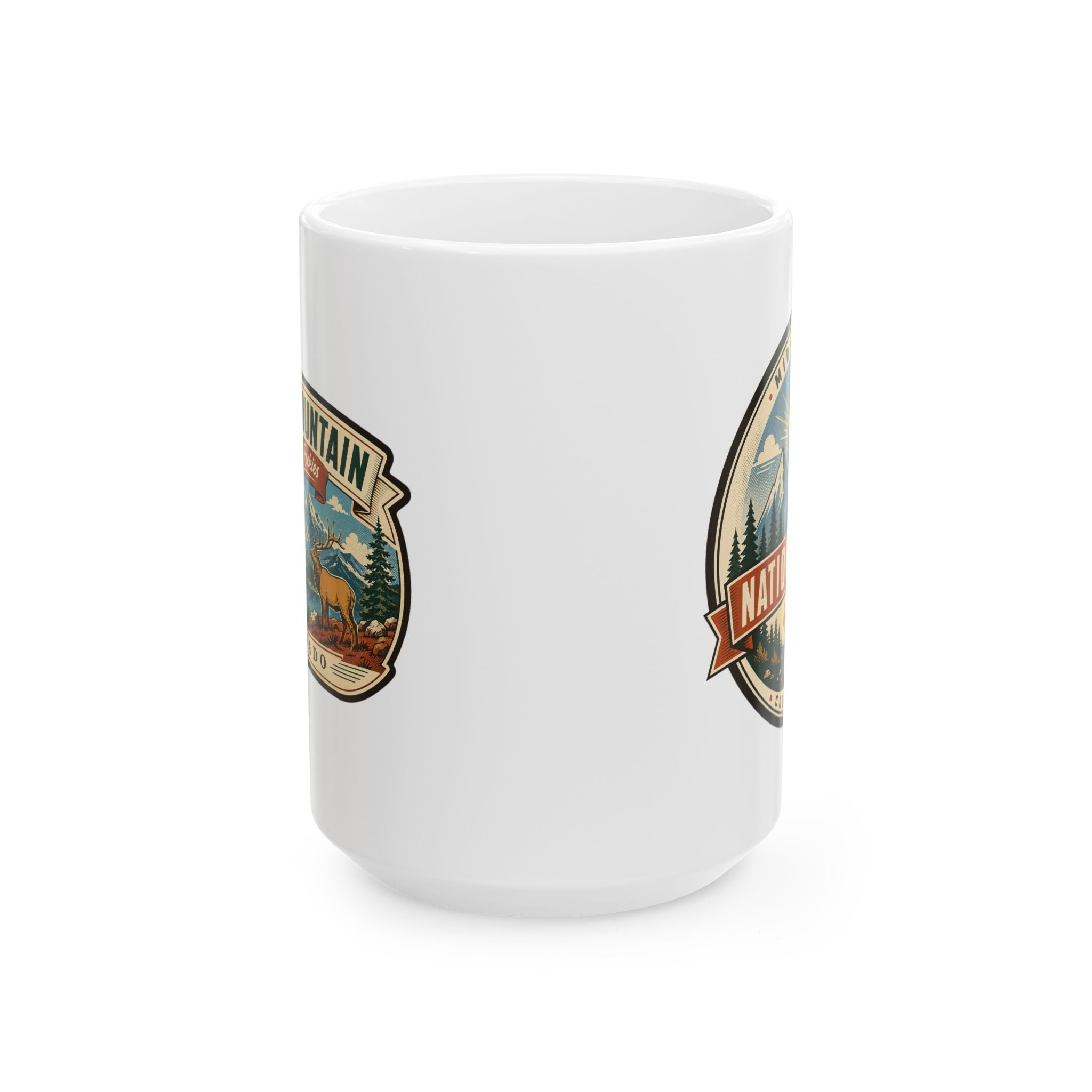 White ceramic coffee mug with two National Park emblems on opposite side panels