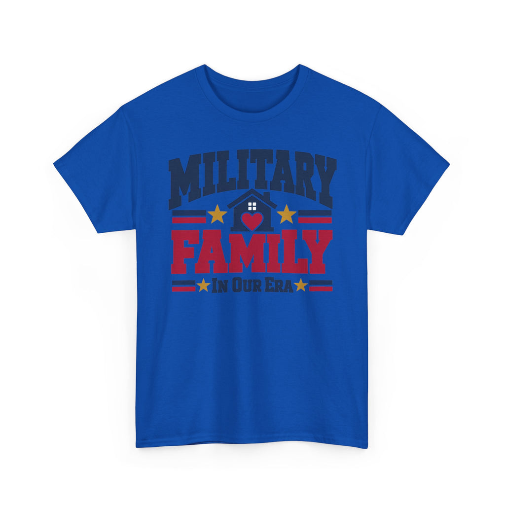 Unisex bright blue T-shirt with “Military Family” patriotic heart graphic
