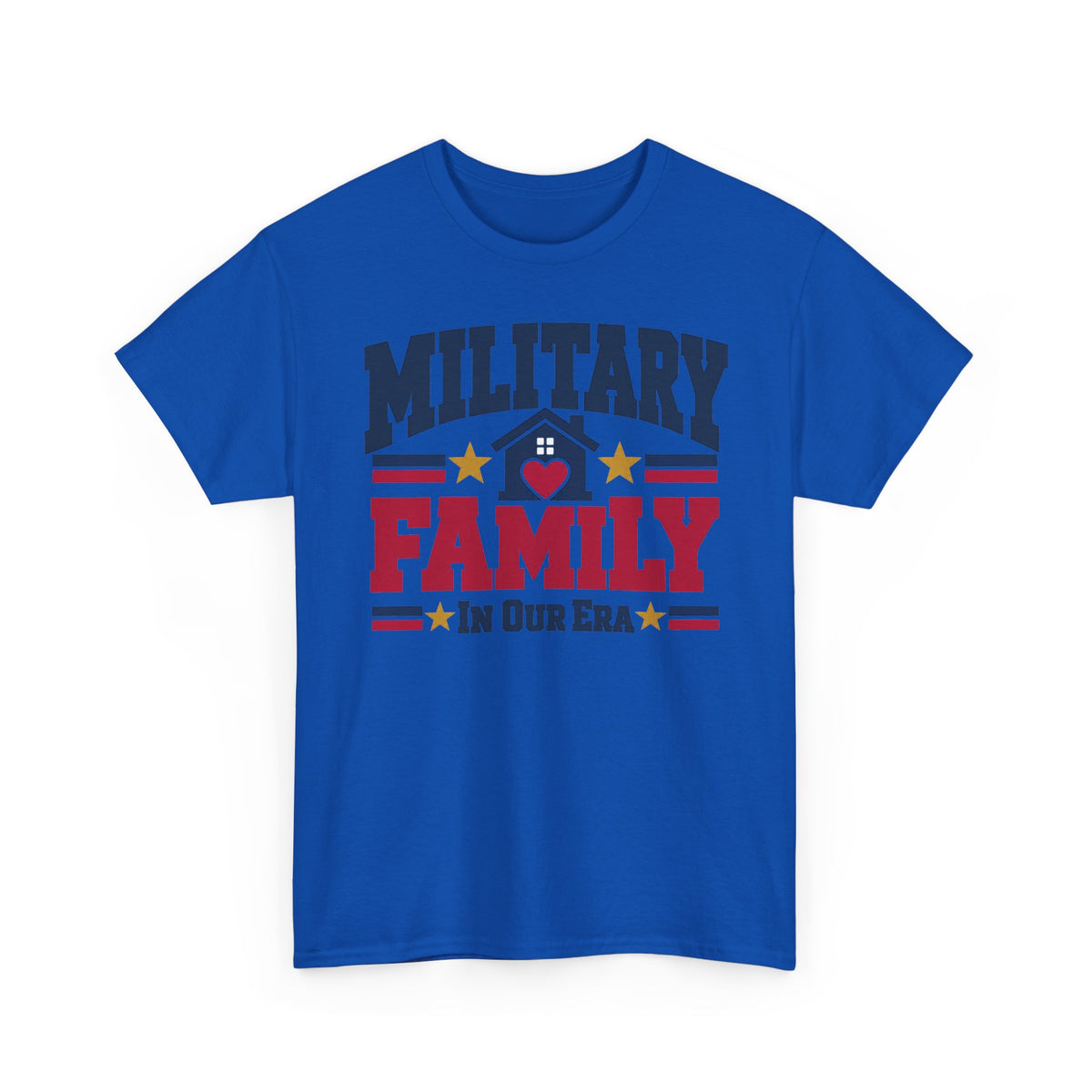 Unisex bright blue T-shirt with “Military Family” patriotic heart graphic