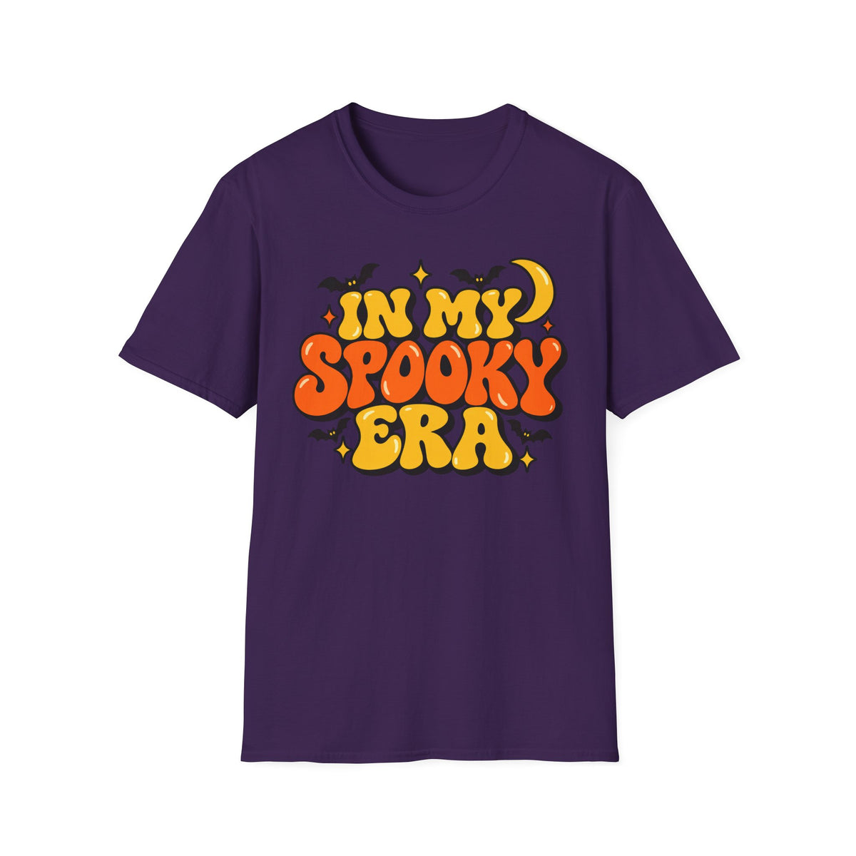 Deep purple Halloween graphic T-shirt with orange and yellow bubble lettering
