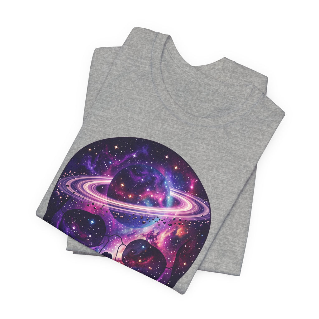 Galaxy Skull T-shirt with nebula skull graphic on dark grey heather