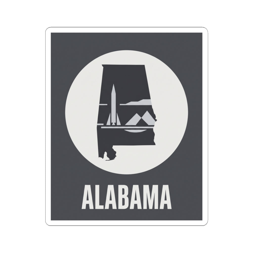 Square Alabama outline sticker with dark background, white circle emblem, and “ALABAMA” text