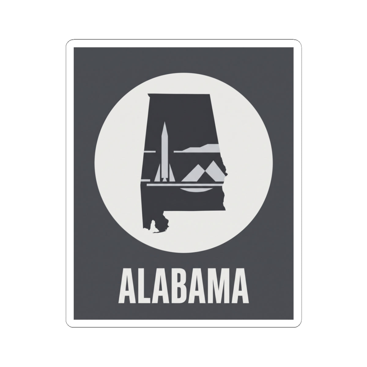 Square Alabama outline sticker with dark background, white circle emblem, and “ALABAMA” text