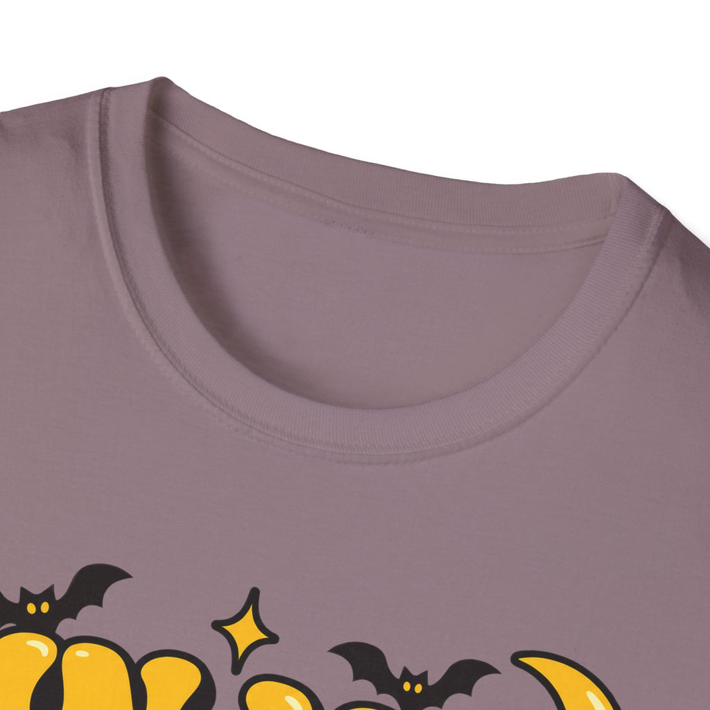 Heather purple T-shirt neckline with partial Halloween bat graphics at chest