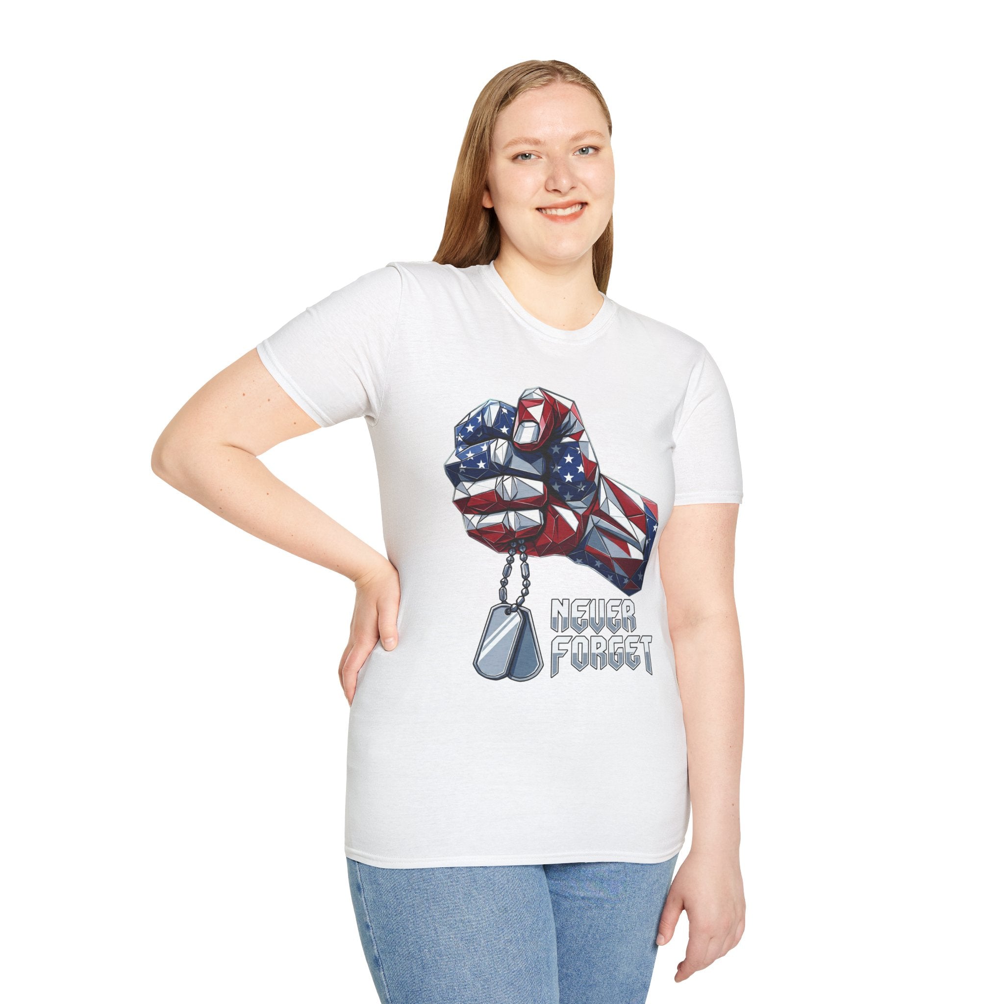White t-shirt with patriotic geometric fist, dog tags graphic, and “Never Forget”