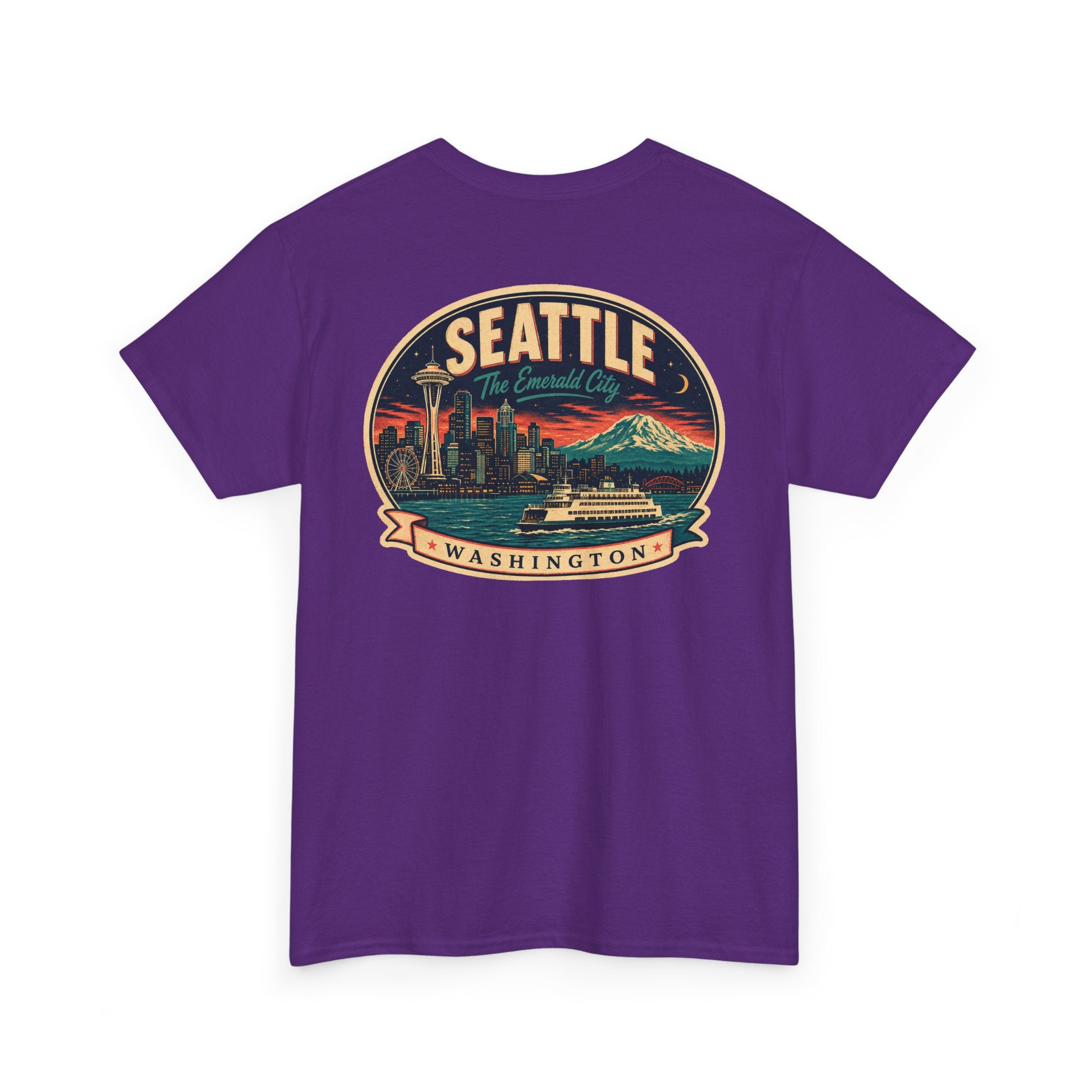 Purple Seattle logo T-shirt with retro skyline badge graphic